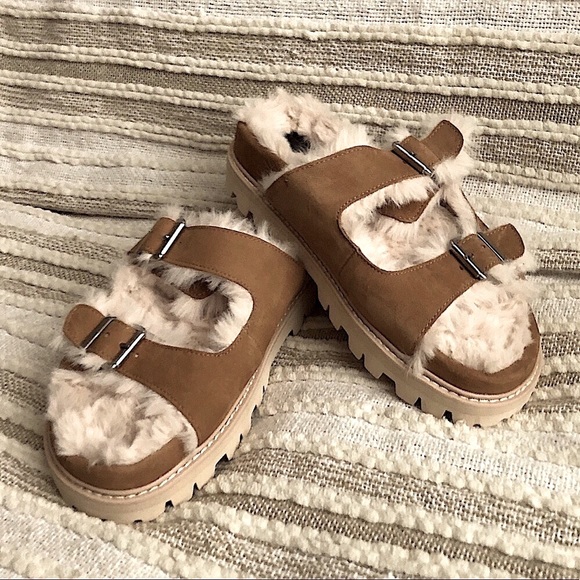 NWOT Dolce Vita | Saddle Tan Leather Suede Sandals & Super Soft Faux Fur Lining - Picture 3 of 13